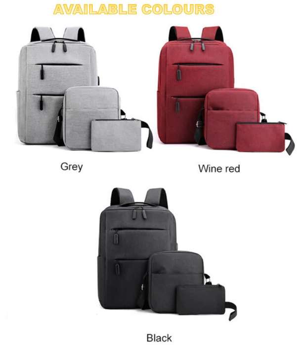 3 Piece Backpack Set, Large Backpack with USB Port and Cable to Charge Devices, Sling and Hand Bag