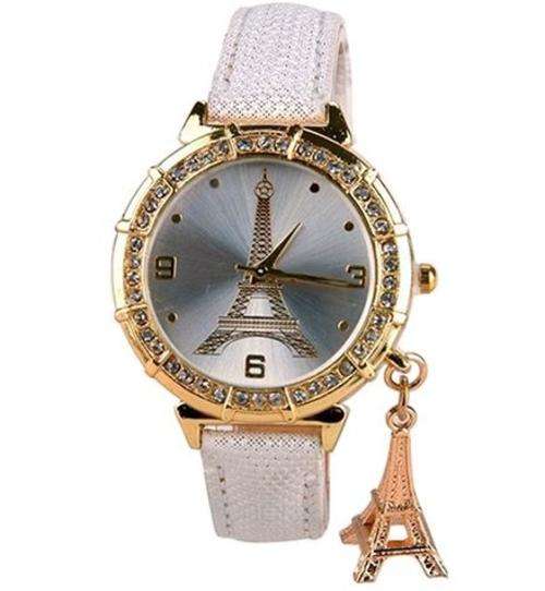 Luxury Ladies Leather Eiffel Tower Quartz Wrist Watch With Eiffel Tower Pendant in White
