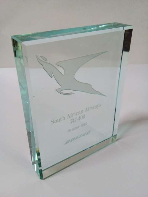 Solid Glass Paperweight/Stand Endorsed Inside SAA Boeing