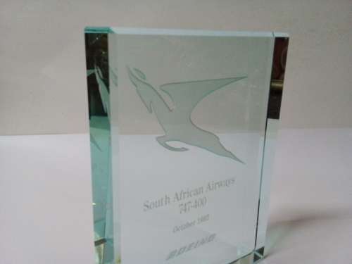 Solid Glass Paperweight/Stand Endorsed Inside SAA Boeing