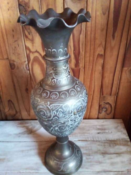 Large Decorative Solid Brass Vase with Fluted Top