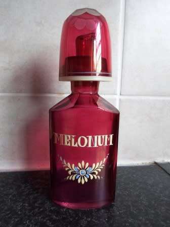 AMAZING!! VICTORIAN CRANBERRY GLASS MELONIUM APOTHECARY BOTTLE, GLASS & POURER IN 1 CIRCA 1870's