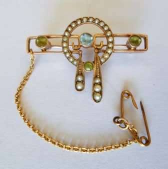 EXQUISITE!! ART NOUVEAU 9ct GOLD PERIDOT, TOPAZ & PEARL BROOCH CIRCA 1905  3,6g  WOW!! WOW!
