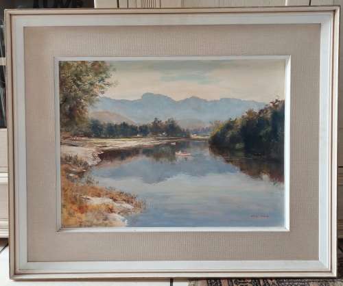 Wow!! Eric Wale boat on a river oil on board 600 x 450mm value R9500