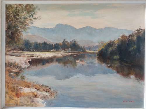 Wow!! Eric Wale boat on a river oil on board 600 x 450mm value R9500