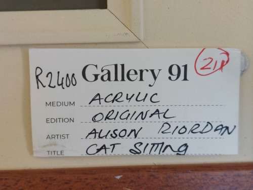 Stunning Alison Riordan `cat sitting` acrylic on board Value R2400
