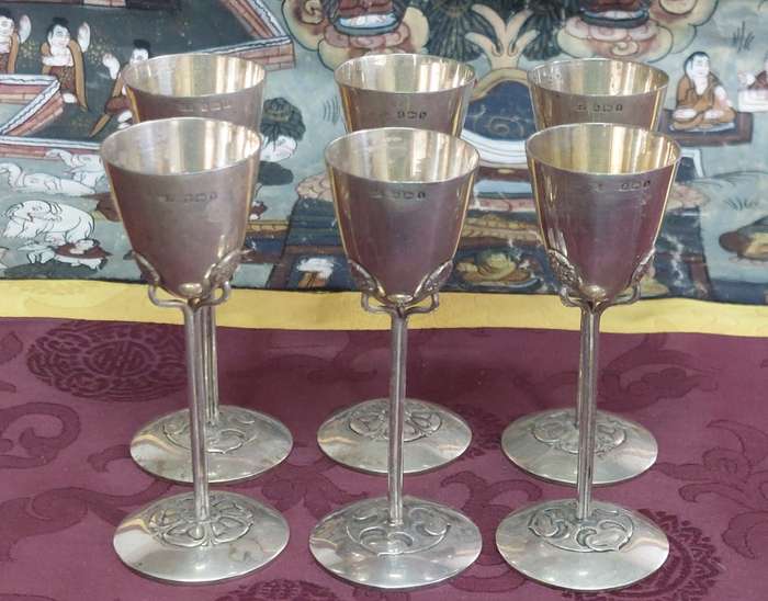 James Fenton Art Nouveau 1913 Birmingham silver liquer glass set