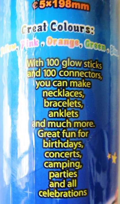 Perfect for the holiday season.100 Glowsticks with connectors. Colours:Yellow,pink,orange,green,blue