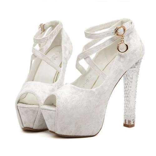 *SHOES* WHITE PEEP TOE SUEDETTE CHUNKY HEEL PUMPS