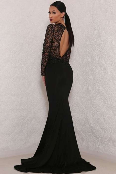 *DIVA RANGE* Black Glitter Lace Long Sleeve Maxi Evening Dress