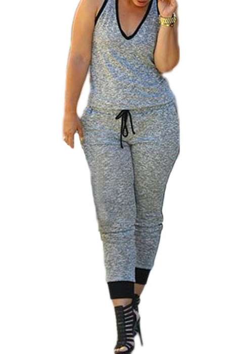 *WILD ROSE* Grey Drawstring Waist V Neck Sleeveless Jumpsuit - M/L/XL