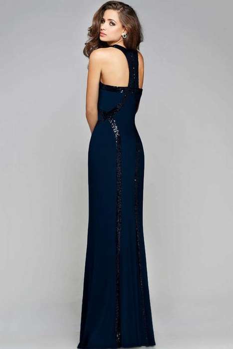 *WILD ROSE* Navy Sequin Trim Jersey Gown - M/L