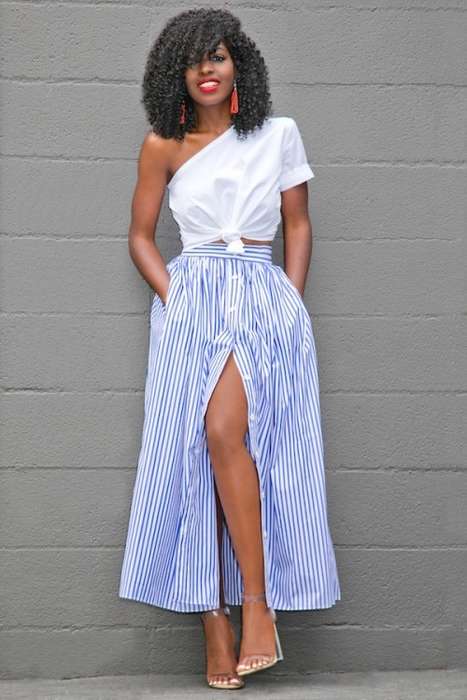 *DIVA RANGE* Blue White Stripes Button Front Maxi Skirt