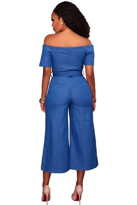 *WILD ROSE* Blue Denim Off Shoulder Wide Leg Jumpsuit - S/M/L