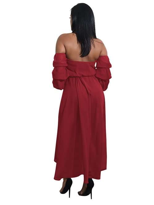 *WILD ROSE* Wine Red Off Shoulder Puff Sleeve Asymmetrical Hem Dress - S/M/L/XL