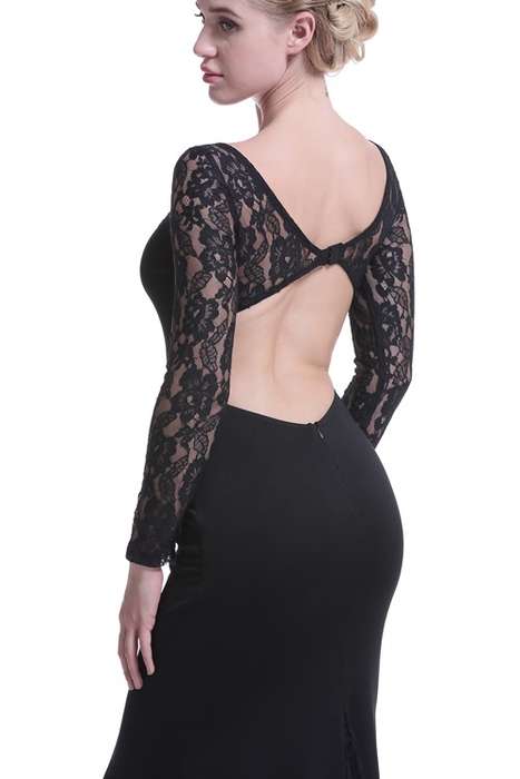 *WILD ROSE* Black Lace Upper Long Sleeve Evening Dress - M/L