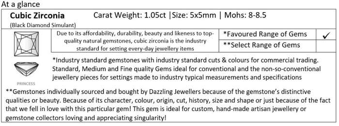 Black Cubic Zirconia Diamond Simulant. Square/Princess-cut. 1.05ct | 5mm