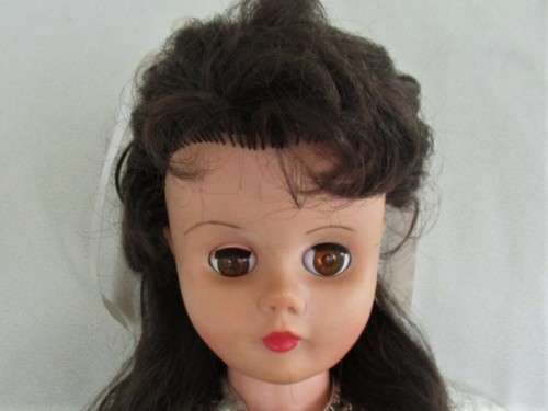 A LOVELY 49CM TALL BROWN-EYED VINTAGE DOLL