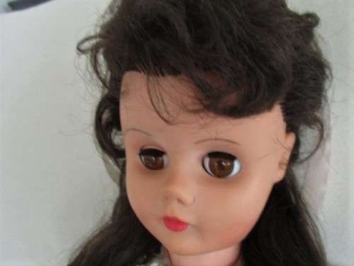 A LOVELY 49CM TALL BROWN-EYED VINTAGE DOLL