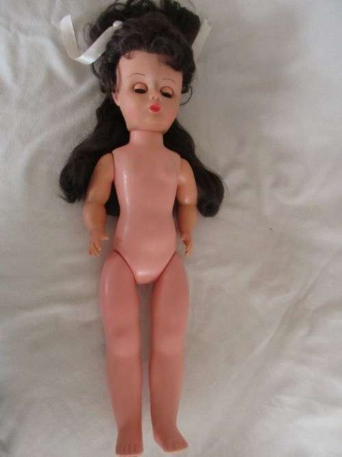 A LOVELY 49CM TALL BROWN-EYED VINTAGE DOLL