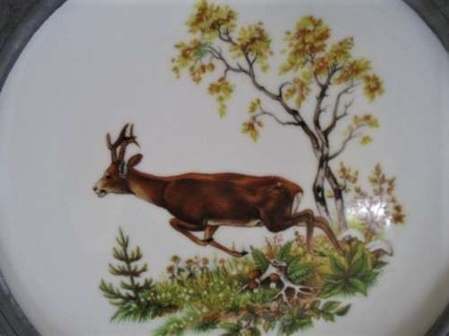 VINTAGE HAND PAINTED MELITTA, GERMANY PORCELAIN PLATE IN UNIQUE, REMOVABLE PEWTER FRAME