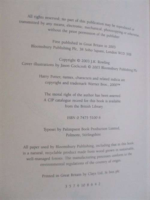 HARRY POTTER AND THE ORDER OF THE PHOENIX - 1ST EDITION HARD COVER WITH DUST JACKET