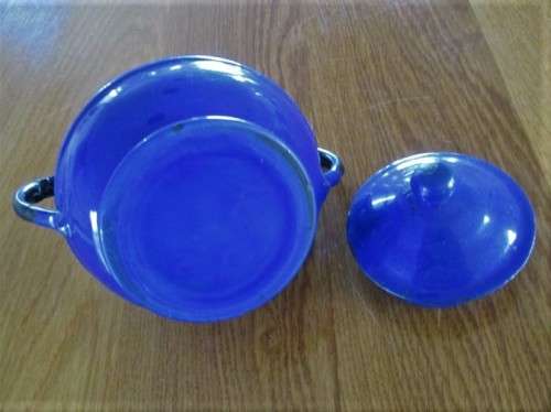 FOR JEMIMA ONLY - VINTAGE BLUE ENAMEL SUGAR BASIN WITH LID