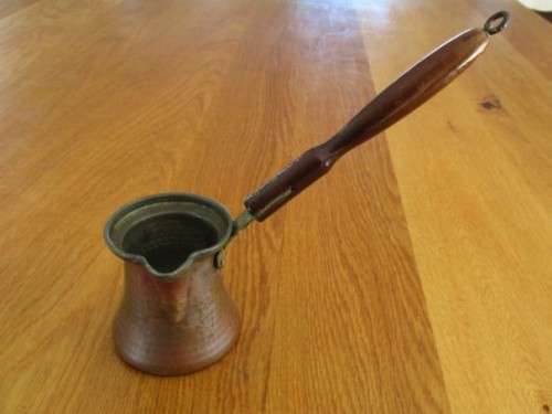 VERY OLD HAND HAMMERED COPPER MIDDLE EASTERN TURKISH COFFEE POT/CEZVE WITH WOODEN HANDLE