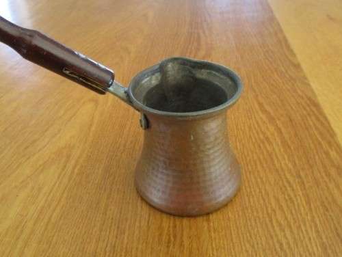 VERY OLD HAND HAMMERED COPPER MIDDLE EASTERN TURKISH COFFEE POT/CEZVE WITH WOODEN HANDLE