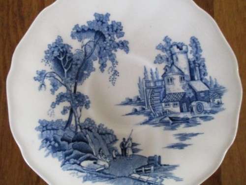 A SET OF FOUR VINTAGE BLUE AND WHITE JOHNSON BROS ESPRESSO CUPS & SAUCERS - THE OLD MILL