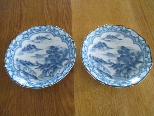 TWO VINTAGE IMARI BLUE AND WHITE PIN TRAYS - SAME DESIGN - SIGNED BY DIFFERENT ARTISTS