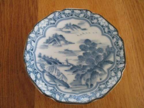 TWO VINTAGE IMARI BLUE AND WHITE PIN TRAYS - SAME DESIGN - SIGNED BY DIFFERENT ARTISTS