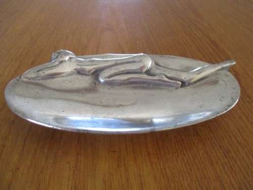 RARE VINTAGE CARROL BOYES PEWTER NUDE WOMAN TRINKET DISH TRAY