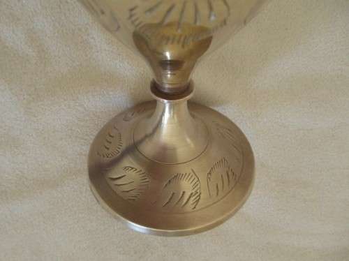 VINTAGE HAND ETCHED INDIAN BRASS VASE WITH RUFFLED EDGE (PLEASE DISREGARD REFLECTIONS)
