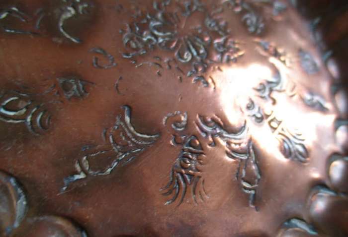 VINTAGE/ ANTIQUE MIDDLE EASTERN? HAMMERED COPPER PLAQUE/PLATE WITH INTRIGUING ENGRAVINGS