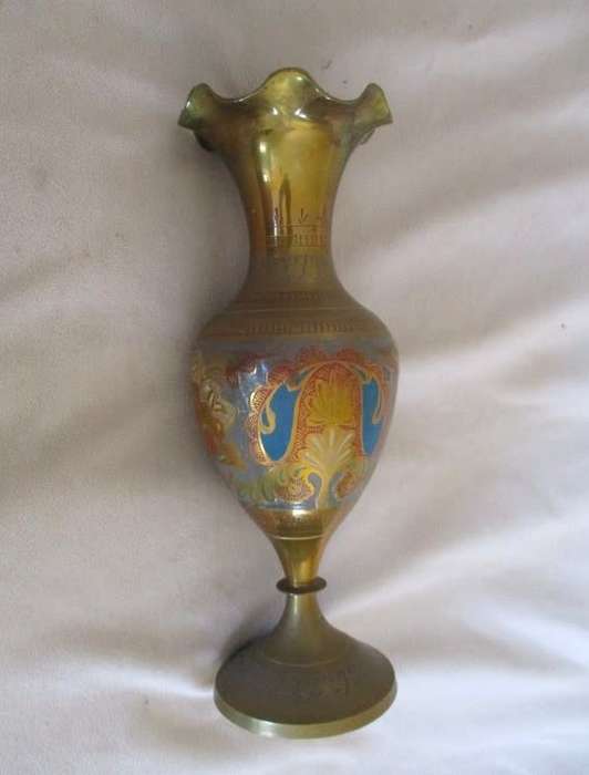 Large Mid century Indian brass vase - beautifully etched and with vivid enameled design