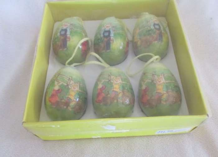 Six vintage decoupaged Easter eggs with cute bunny rabbit scenes