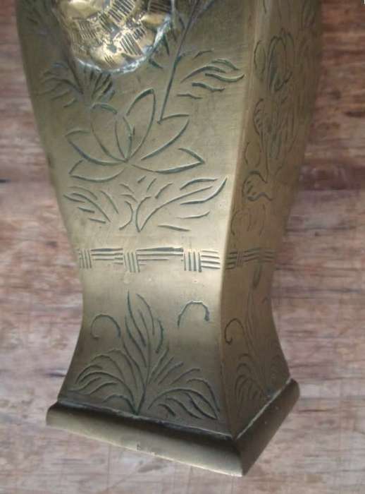 Vintage Chinese brass vase  - Foo Dog handles and engraved with Foo Dog and floral design