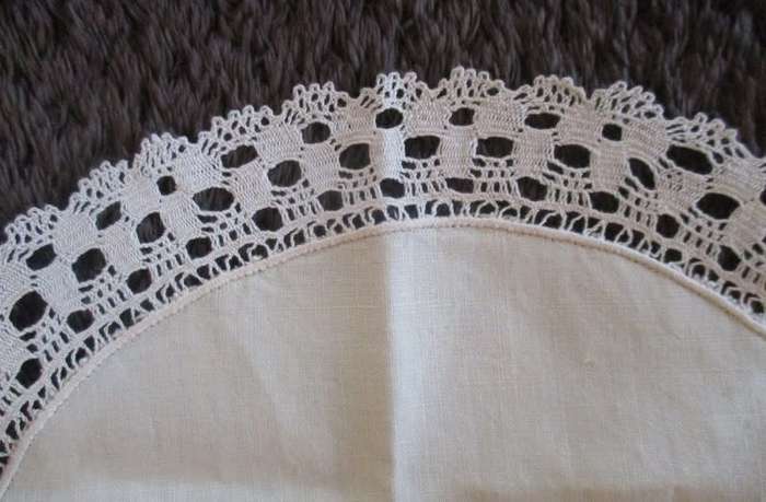 Quality Pure Irish Linen embroidered oval cloth with crocheted lace border