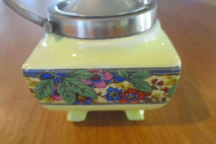 Vintage 1920's/30's Lancaster Hanley porcelain and EPNS footed preserve/jam jar