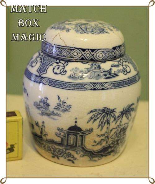 GREAT FIND VERY OLD TRANSFER PRINT GINGER JAR BLUE AND WHITE ORIENTAL DESIGN SEE PICS FOR CONDITION