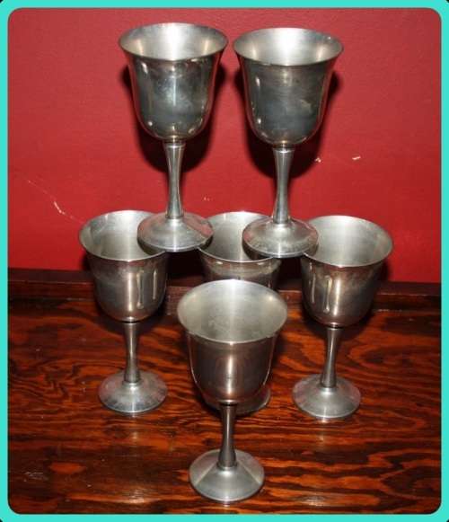 SET OF SIX METAL WINE GOBLETS MAKERS MARK UNDERNEATH