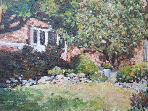 Climbing rose cottage garden scene painting on board unframed