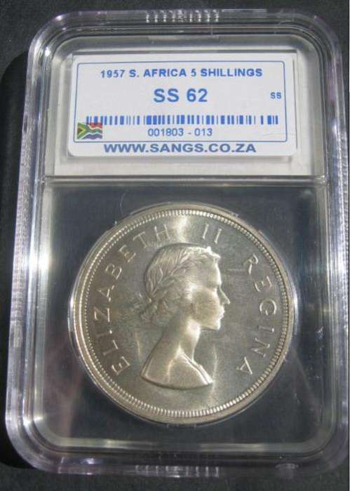 *** 1957 - UNION OF SA 5 SHILLING - PROOF LIKE - SANGS GRADED SS62 ***