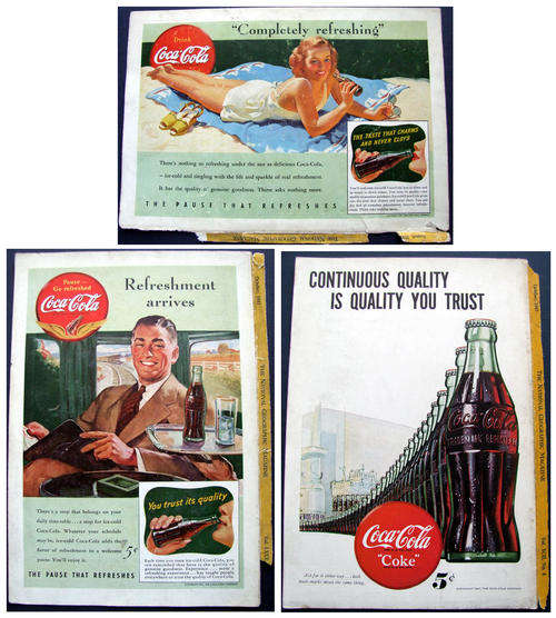 THREE ORIGINAL VINTAGE COCA COLA COKE ADS FROM 1941 AND 1947