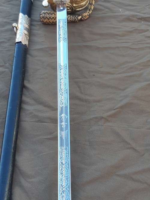 South African Naval Officers sword Pre 1994 with Old South African coat of arms on blade