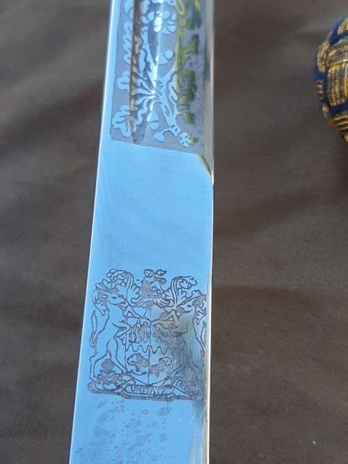 South African Naval Officers sword Pre 1994 with Old South African coat of arms on blade