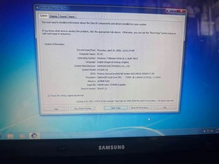 Samsung R519 15.6-inch Laptop (Intel Dual Core, 2GB RAM, 250GB HDD)It works on charger