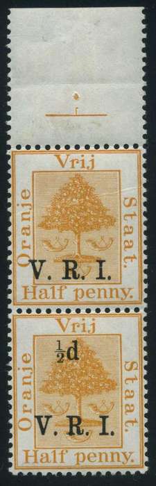 Orange Free State 1900 Scarce Certified (1/2d on 1/2d) vertical pair with Missing Value