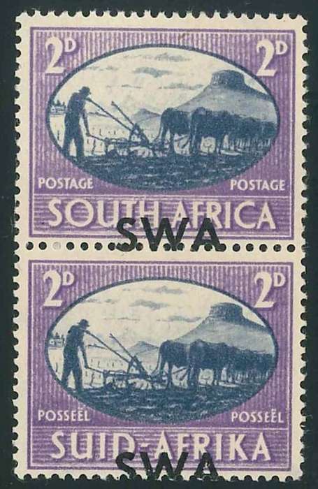 South West Africa 1945 KGVI Victory 2d vertical pair with Overprint Variety (*)
